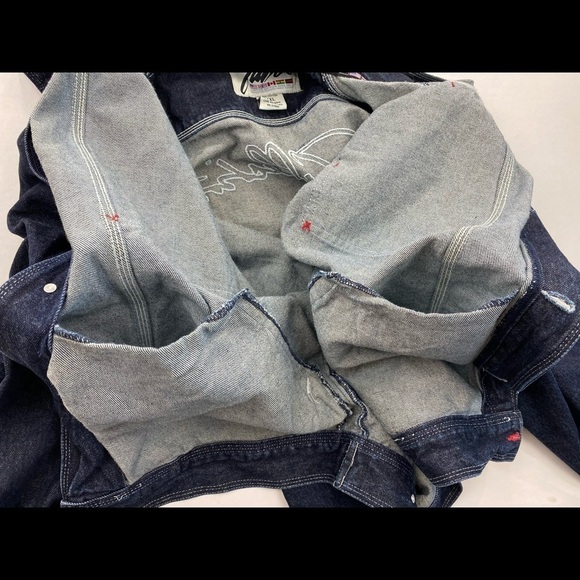 FUBU Denim Blue Jean Jacket Men 2XL Multi Pocket Embroidered Logo Button Up READ - Picture 14 of 16